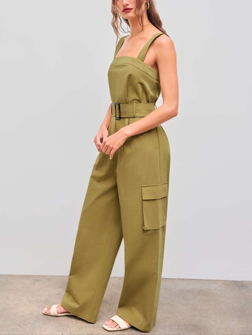 Cider Olive Green Utility Belted Wide-Leg Jumpsuit